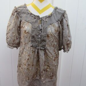 BCBGMAXZARIA Floral Puff Sleeve Ruffle Neckline Top Blouse